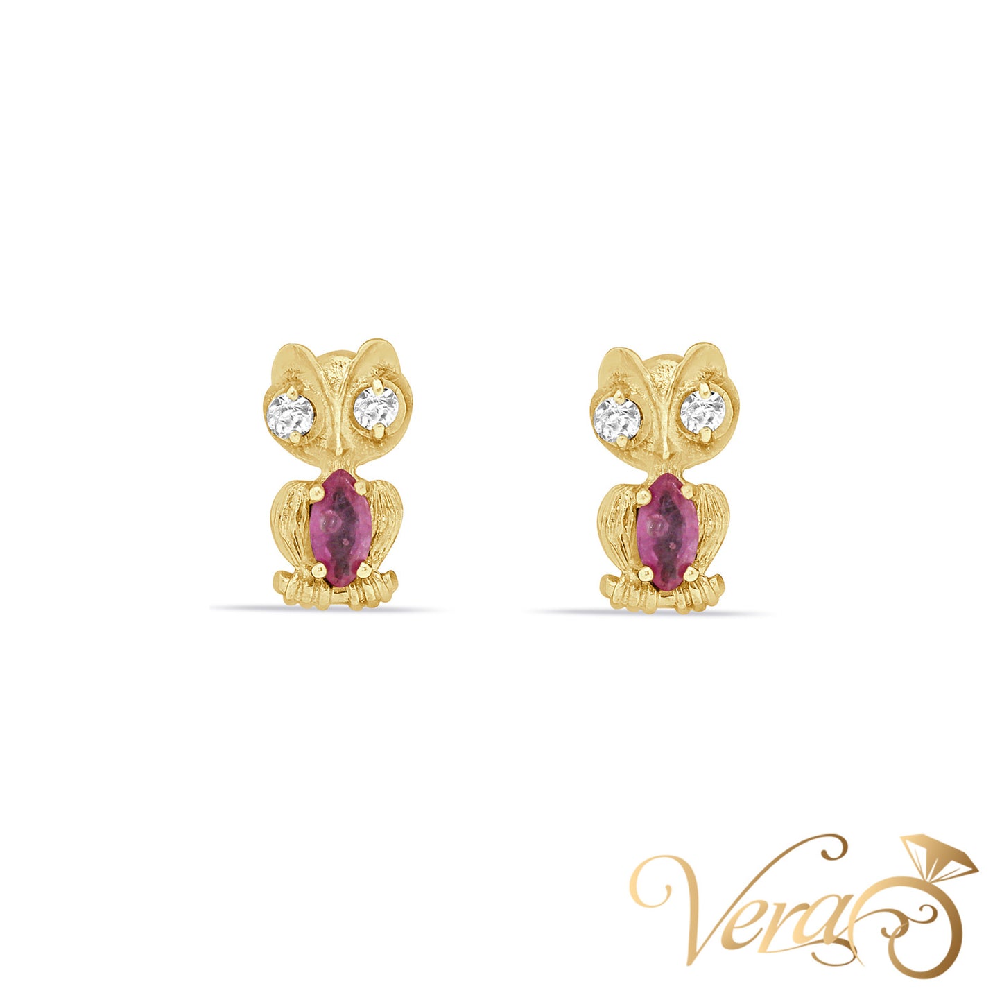 10K Yellow Gold Owl Stud Earrings with CZ & Ruby, 14mm, 2.0g
