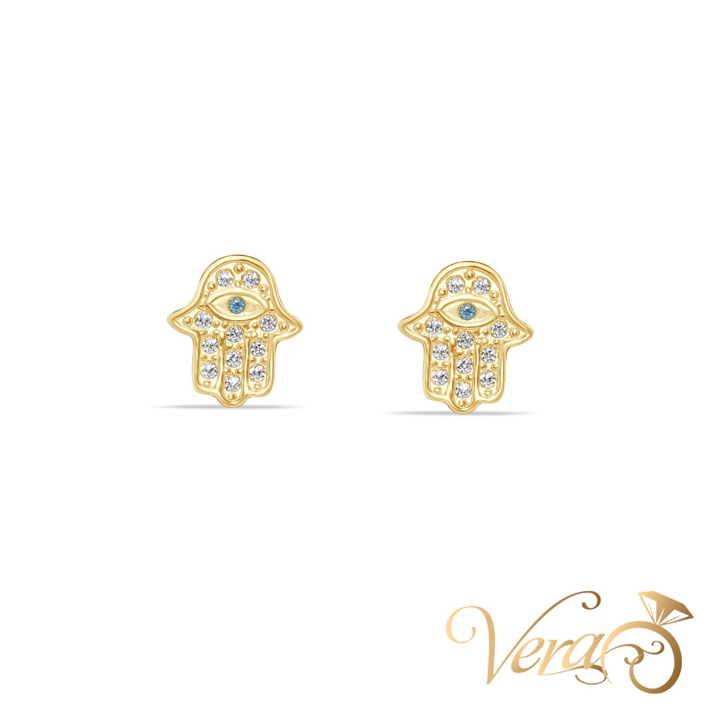 14K Yellow Gold Hamsa Hand Stud Earrings with Cubic Zirconia, 8mm - Vera Jewelry in Miami