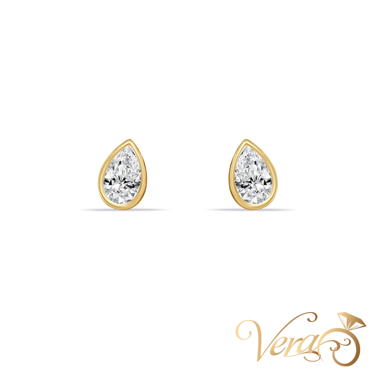 14K Yellow Gold Teardrop Stud Earrings with Cubic Zirconia, 8mm - Vera Jewelry in Miami