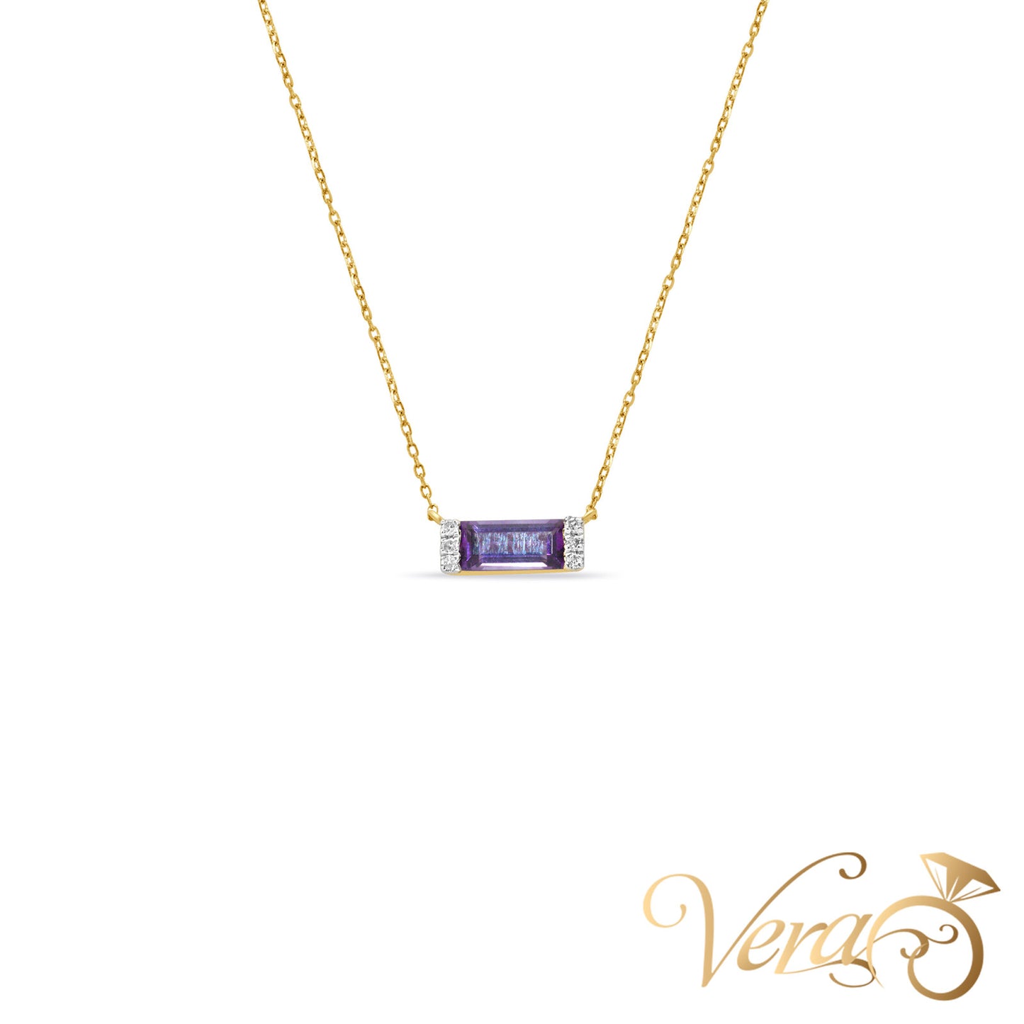 14K Yellow Gold Diamond and Amethyst Pendant Necklace with 0.03 ct Natural Diamond – 18", 1.05g