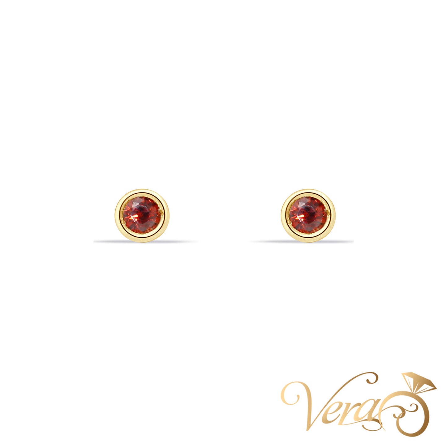 14K Yellow Gold Solitaire Stud Earrings with Red Cubic Zirconia, 4mm - Vera Jewelry in Miami