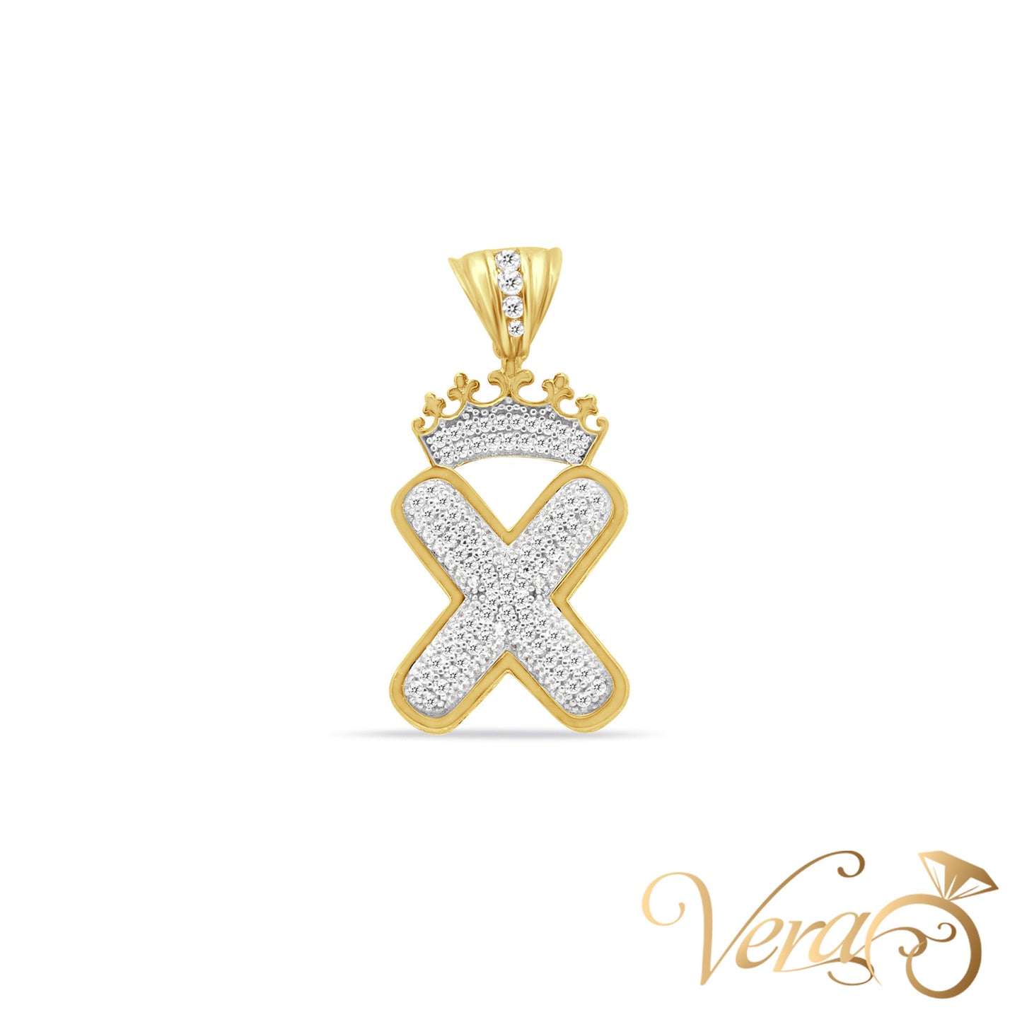 10K Yellow Gold Crowned Letter “X” Pendant with CZ