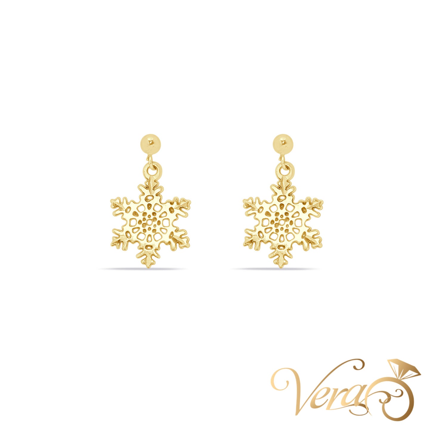 14K Yellow Gold Snowflake Drop Earrings, 18mm - Vera Jewelry in Miami