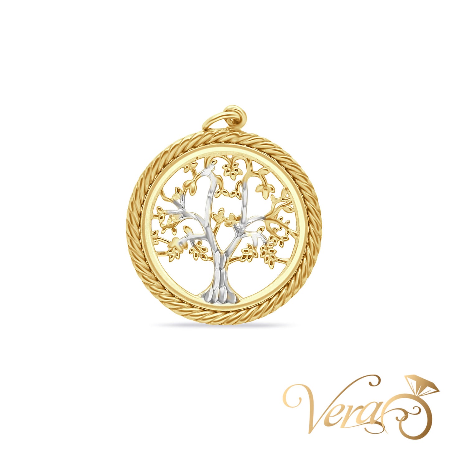 14K Yellow Gold Round Tree Pendant 25mm - Vera Jewelry in Miami