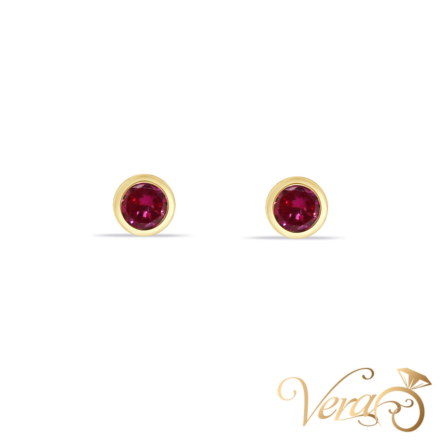 14K Yellow Gold Solitaire Stud Earrings with Red Cubic Zirconia, 4.6mm - Vera Jewelry in Miami