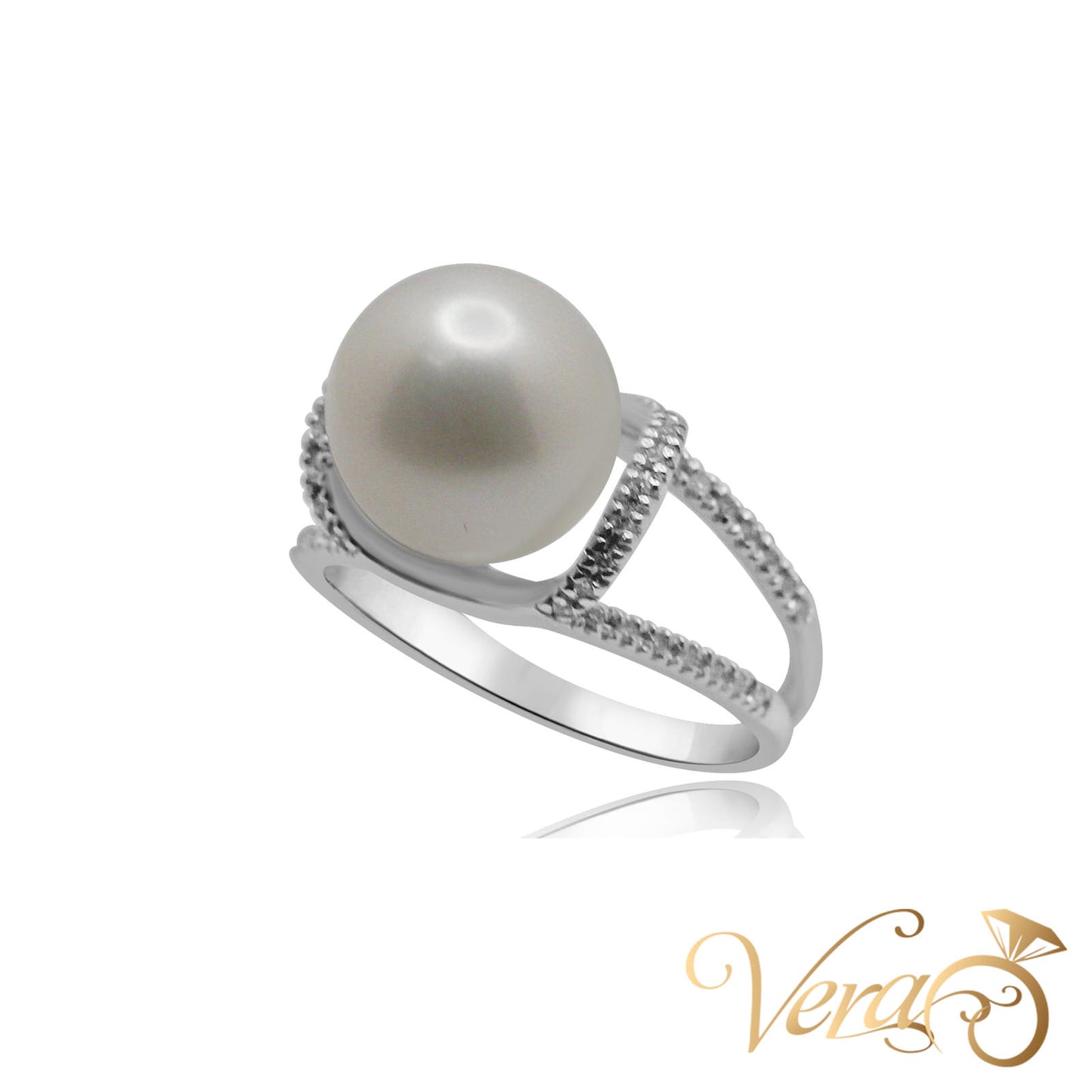 14K WG Women Ring 0.25 ct NAT & Pearl, Size 6.75, 4.3g