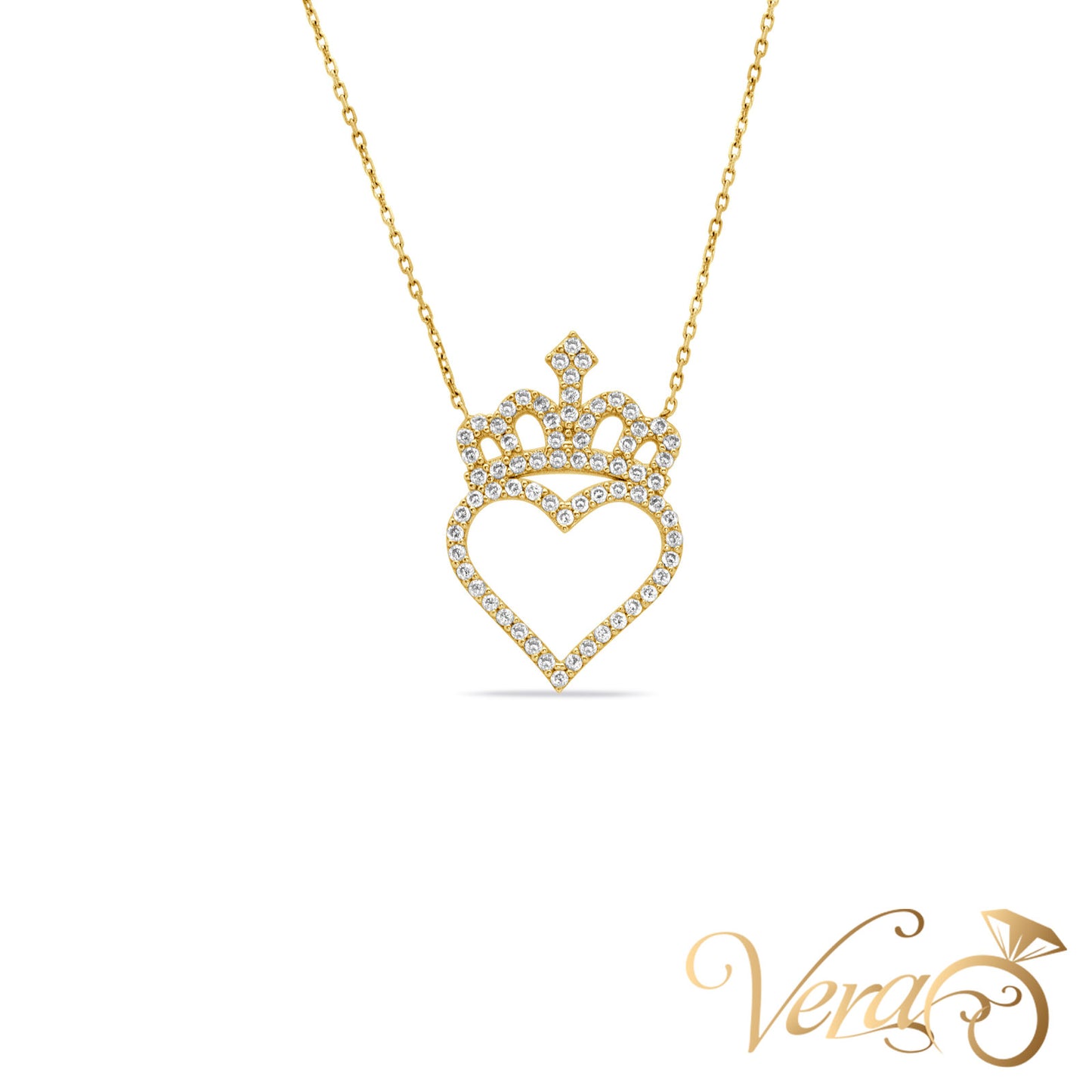 14K Yellow Gold Heart and Crown Pendant Necklace with CZ – 17", 3.11g