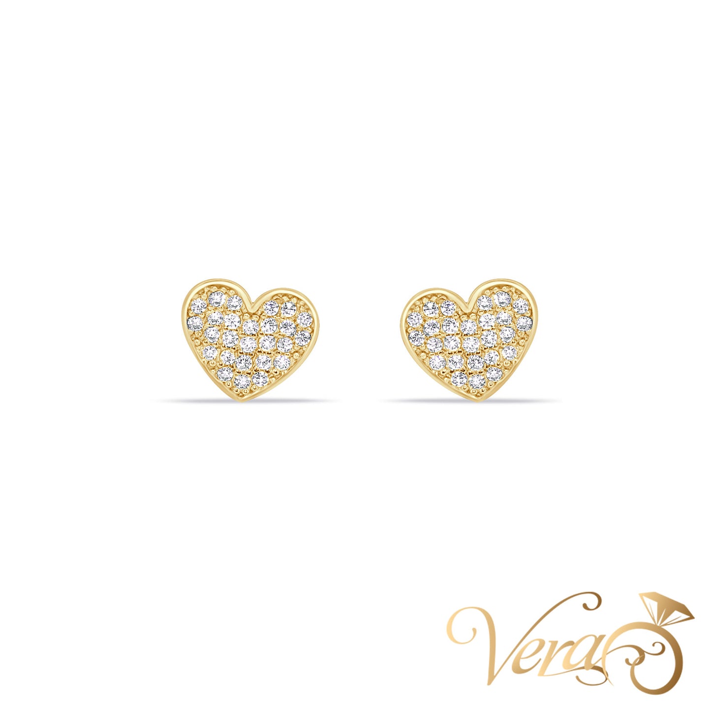 14K Yellow Gold Heart Stud Earrings with Cubic Zirconia, 7mm - Vera Jewelry in Miami