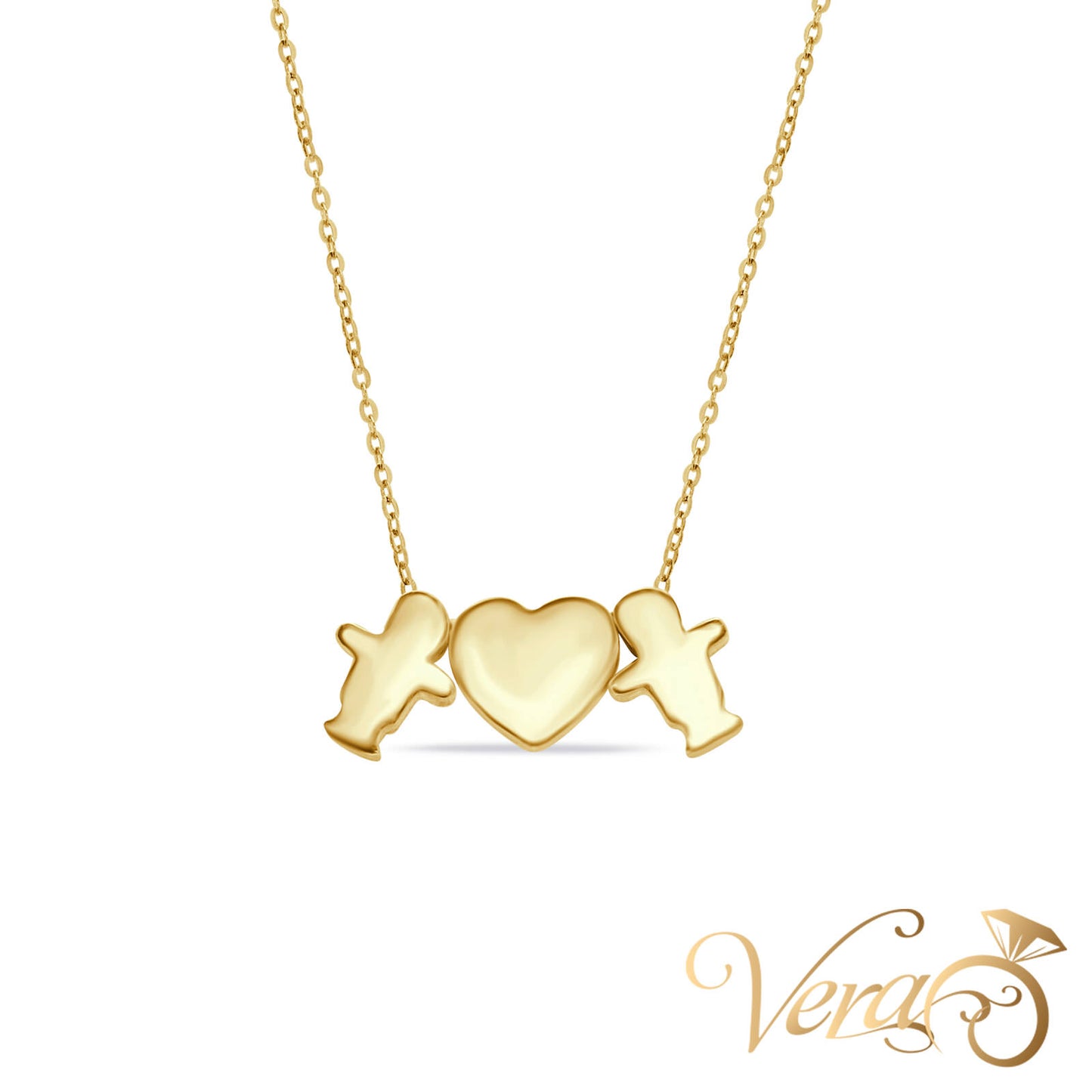 14K Yellow Gold Kids & Heart Pendant with Chain 18" - Vera Jewelry in Miami