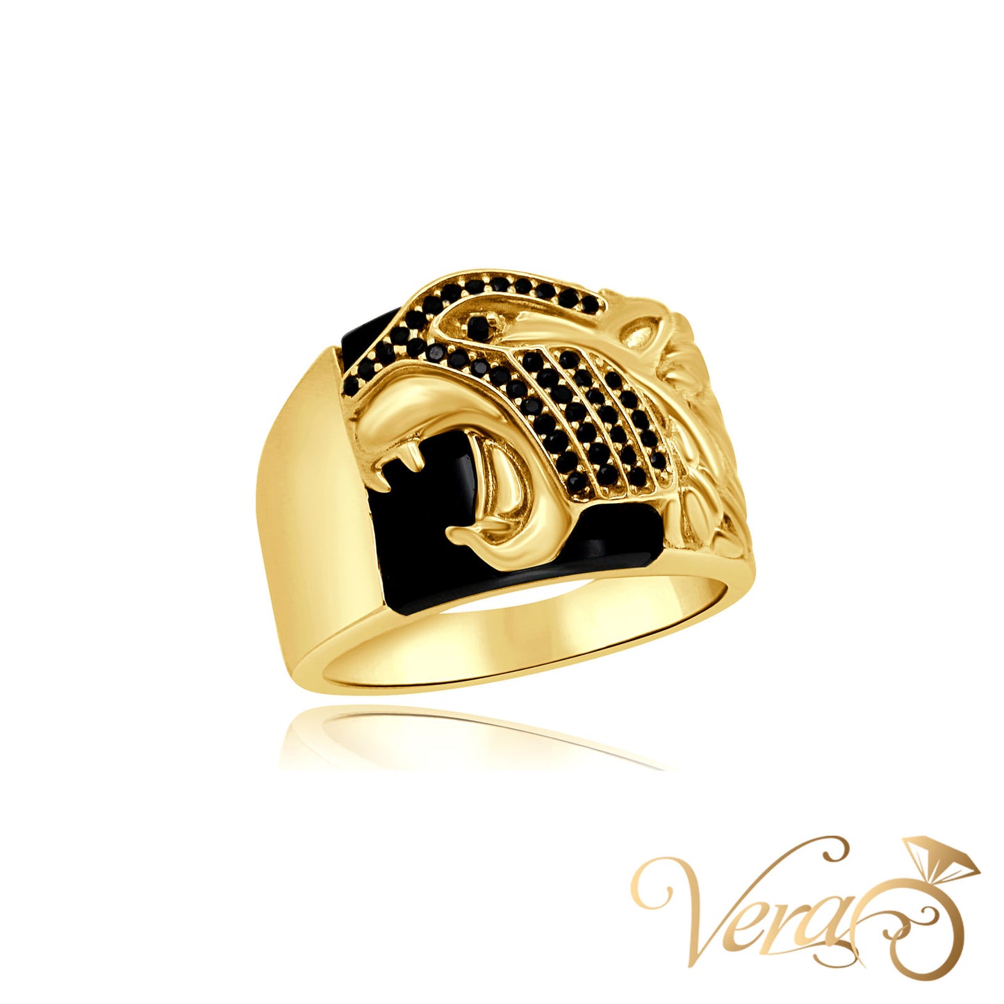 10K Yellow Gold Men’s Jaguar Head Ring over Onyx with Black Stone Accents, Size 11.5, 11.2g