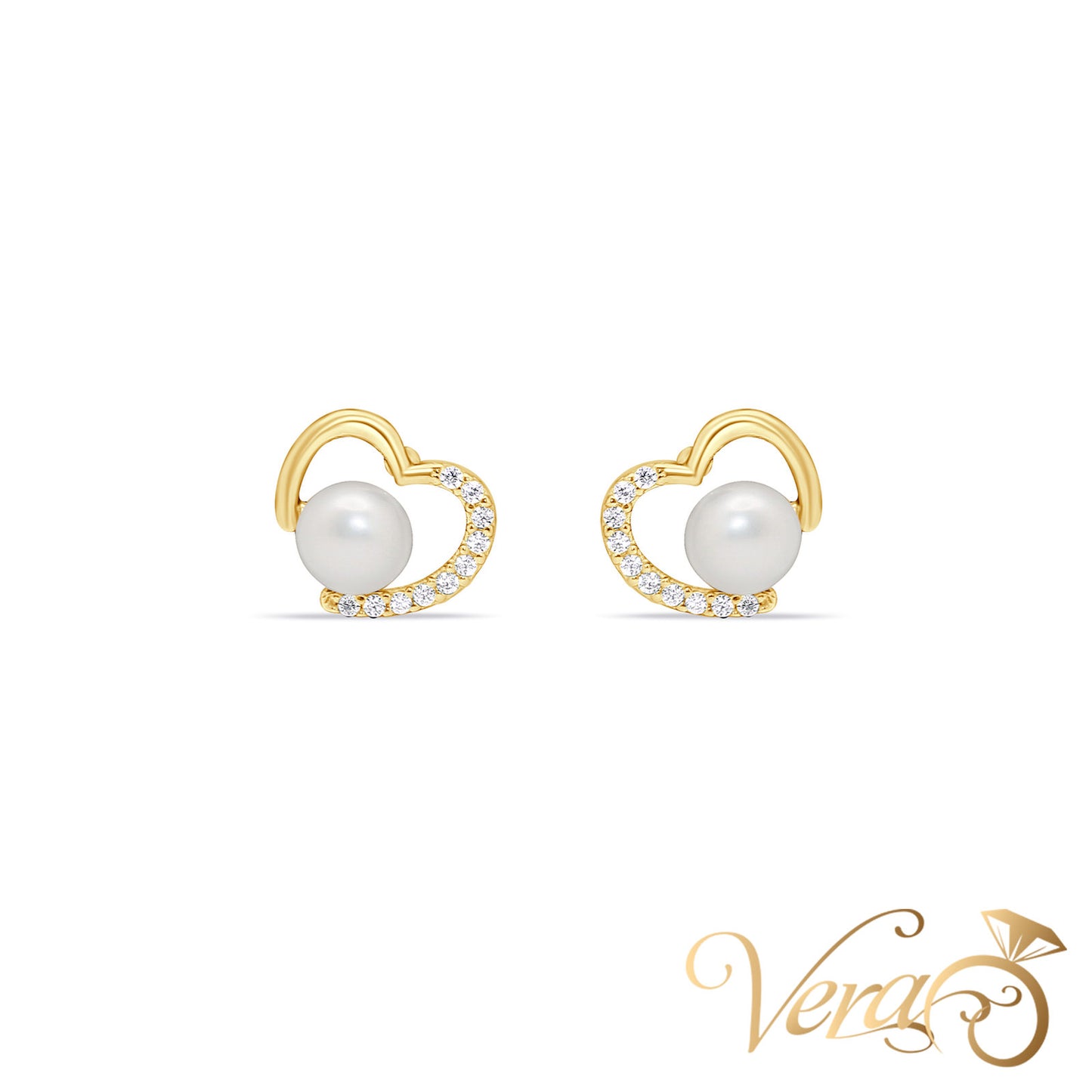 14K Yellow Gold Heart Stud Earrings with Pearl & Cubic Zirconia, 8.5mm - Vera Jewelry in Miami