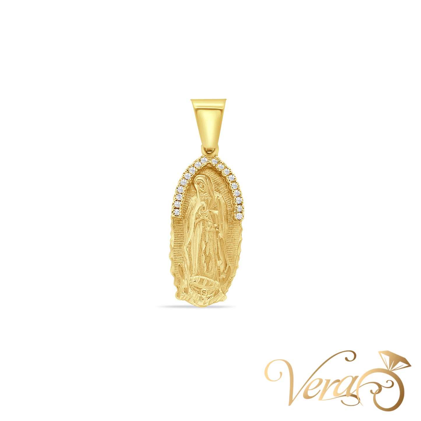 14K Yellow Gold Virgen de Guadalupe Pendant with CZ 40mm - Vera Jewelry in Miami