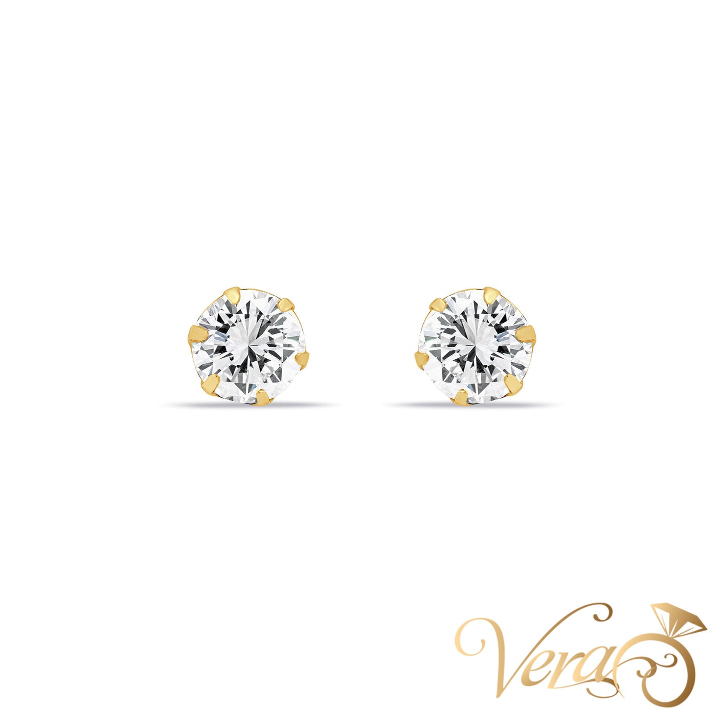 14K Yellow Gold Solitaire Stud Earrings with Cubic Zirconia, 6.5mm - Vera Jewelry in Miami