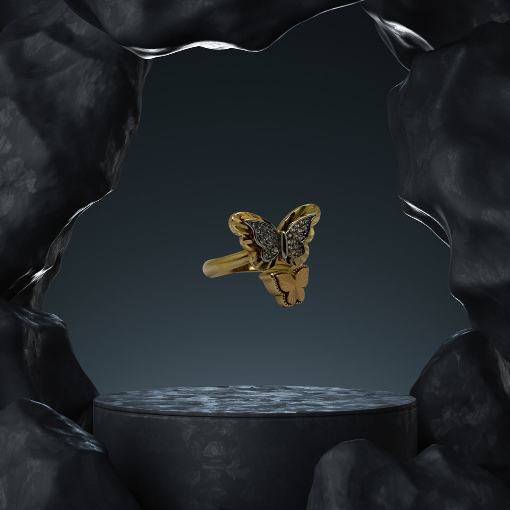 14K Yellow Gold Butterfly Ring with Cubic Zirconia (CZ), Size 7.5, 4.3g