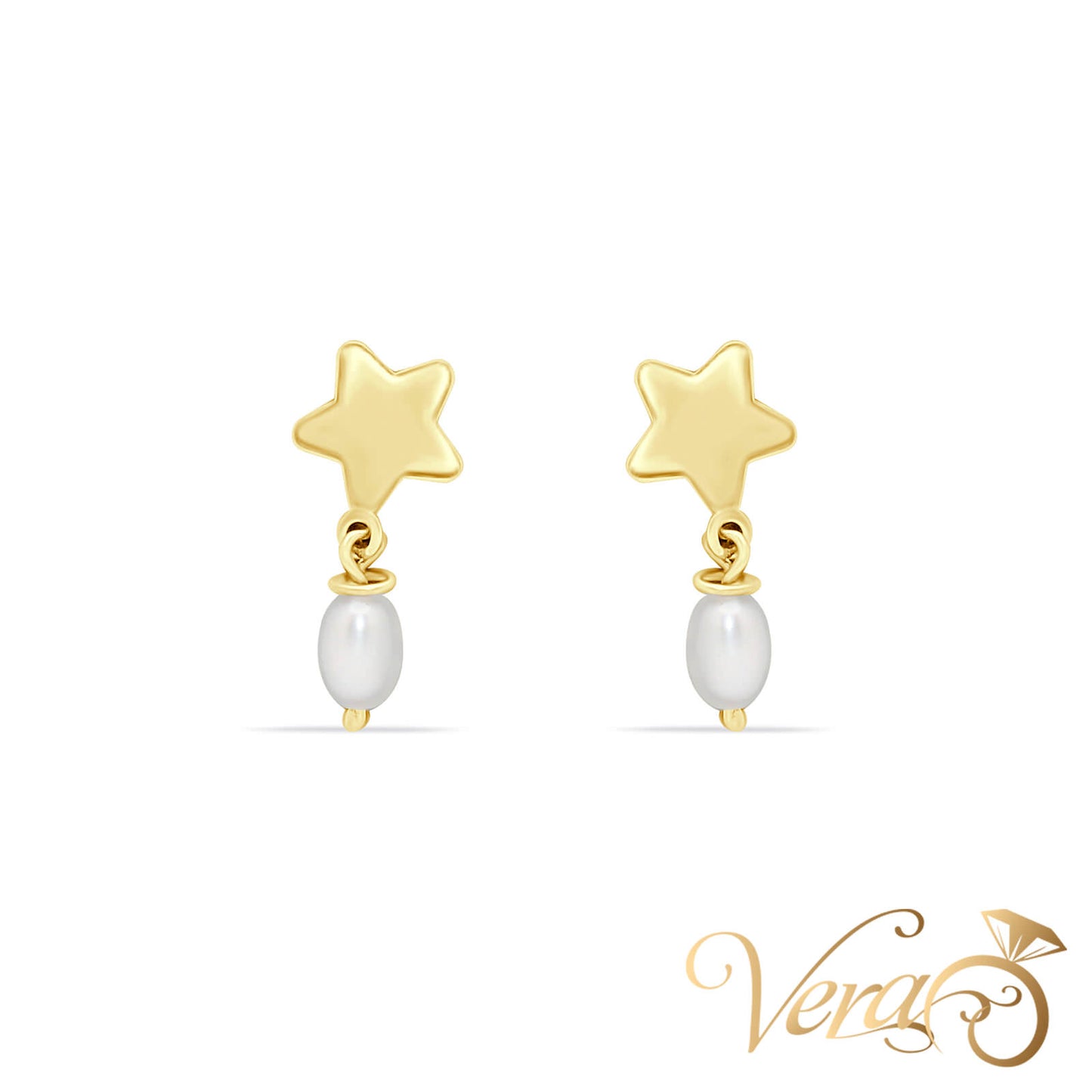 14K Yellow Gold Star Drop Earrings with Mother of Pearl, 13mm - Vera Jewelry in Miami