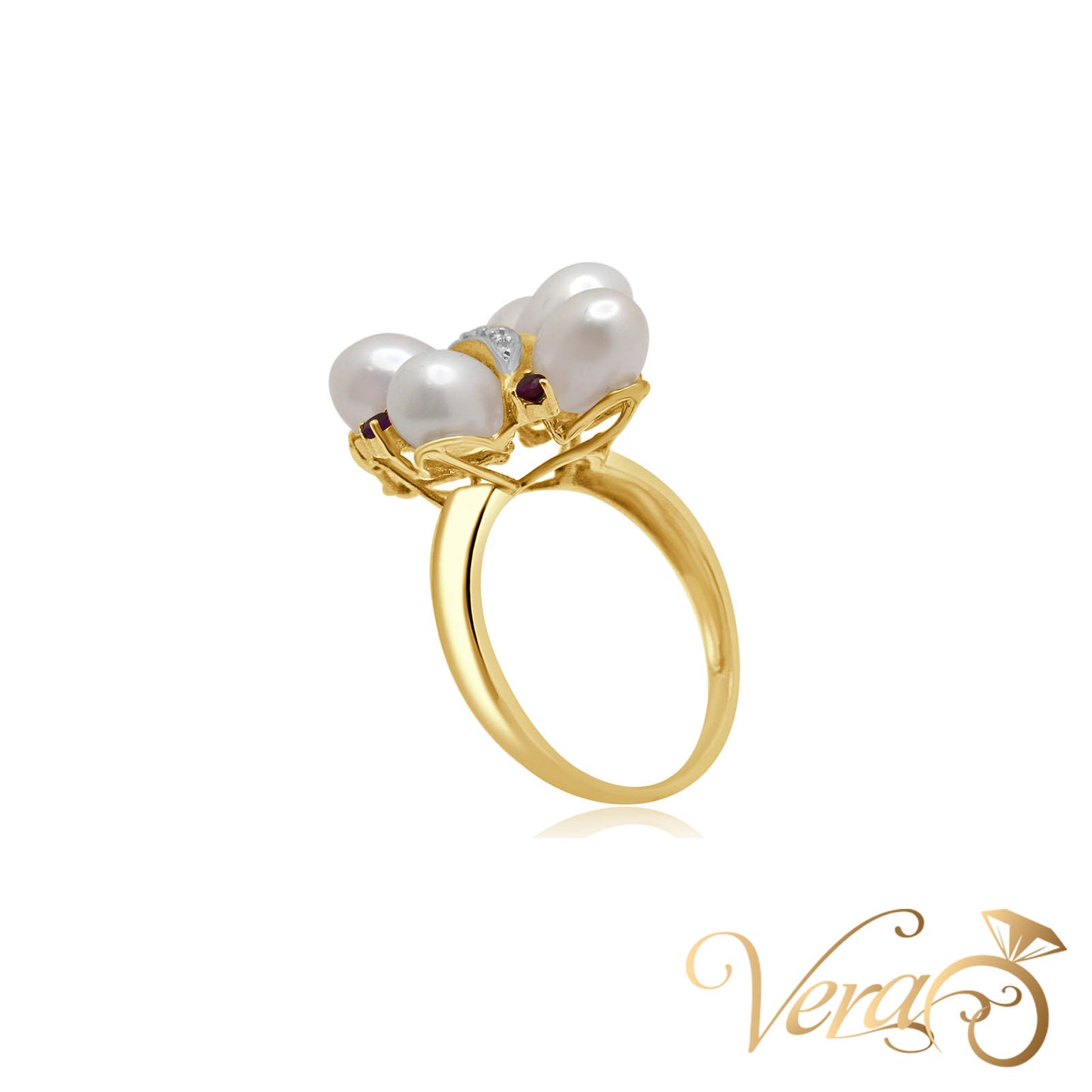 14K YG Women Ring 0.05 ct NAT, Pearls & Ruby, Size 9.75, 6.5g