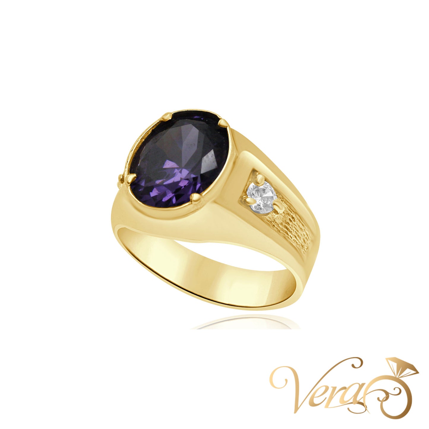 10K Yellow Gold Men’s Ring with Oval Purple CZ Center Stone, Size 8.5, 6.4g
