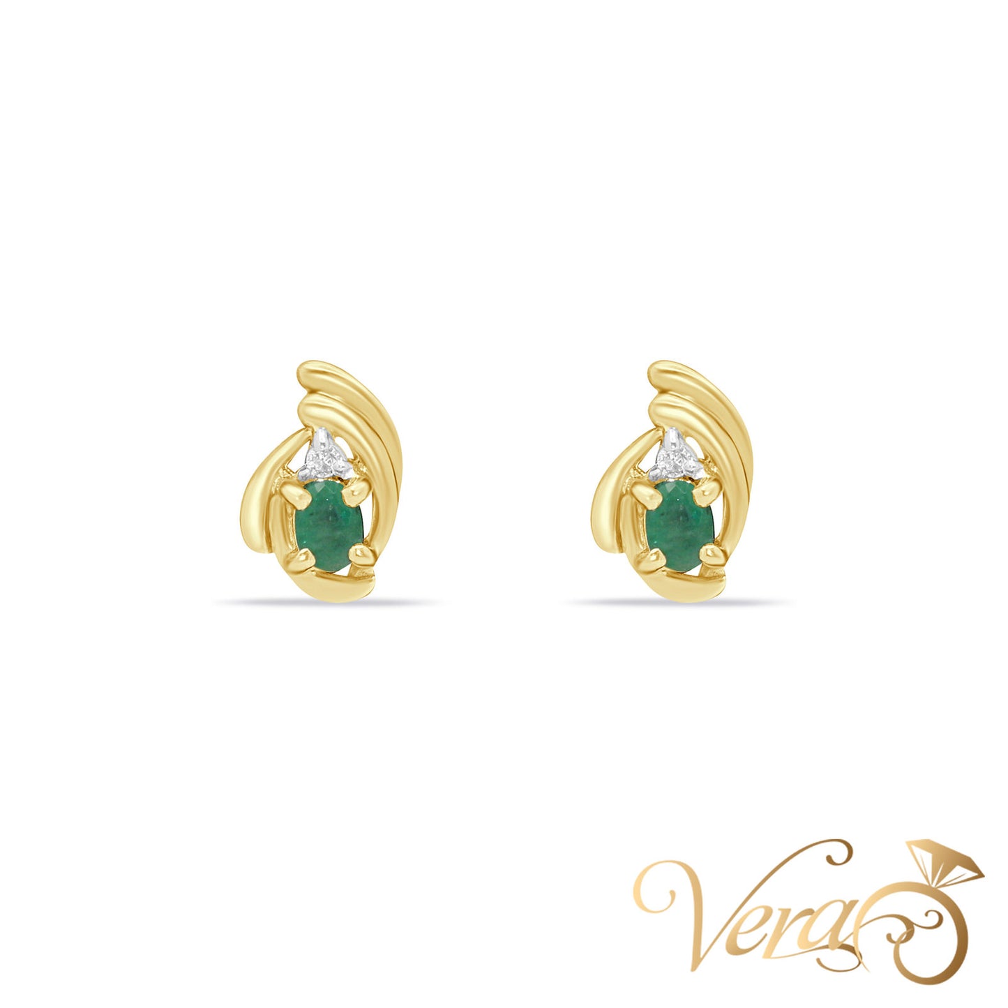 14K Yellow Gold Diamond and Emerald Stud Earrings, 0.02 ct, 10mm, 1.9g