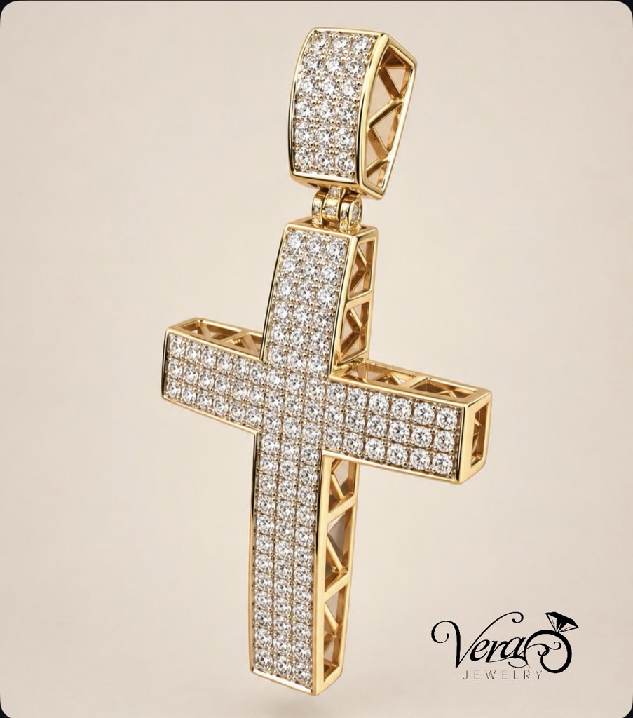 14K YG 6.8g 3cttw Nat Diam Pendant 2" Cross