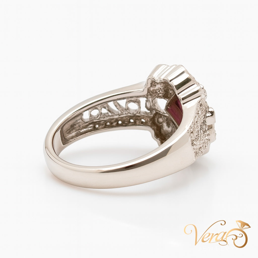 18K White Gold Floral Rolo Ring with 0.30 ct Natural Diamond, Size 6.75, 5.76g - Vera Jewelry in Miami