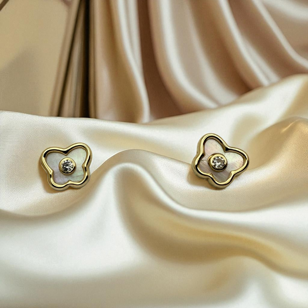 14K YG Butterfly Mother of Pearl & Cubic Zirconia Earrings