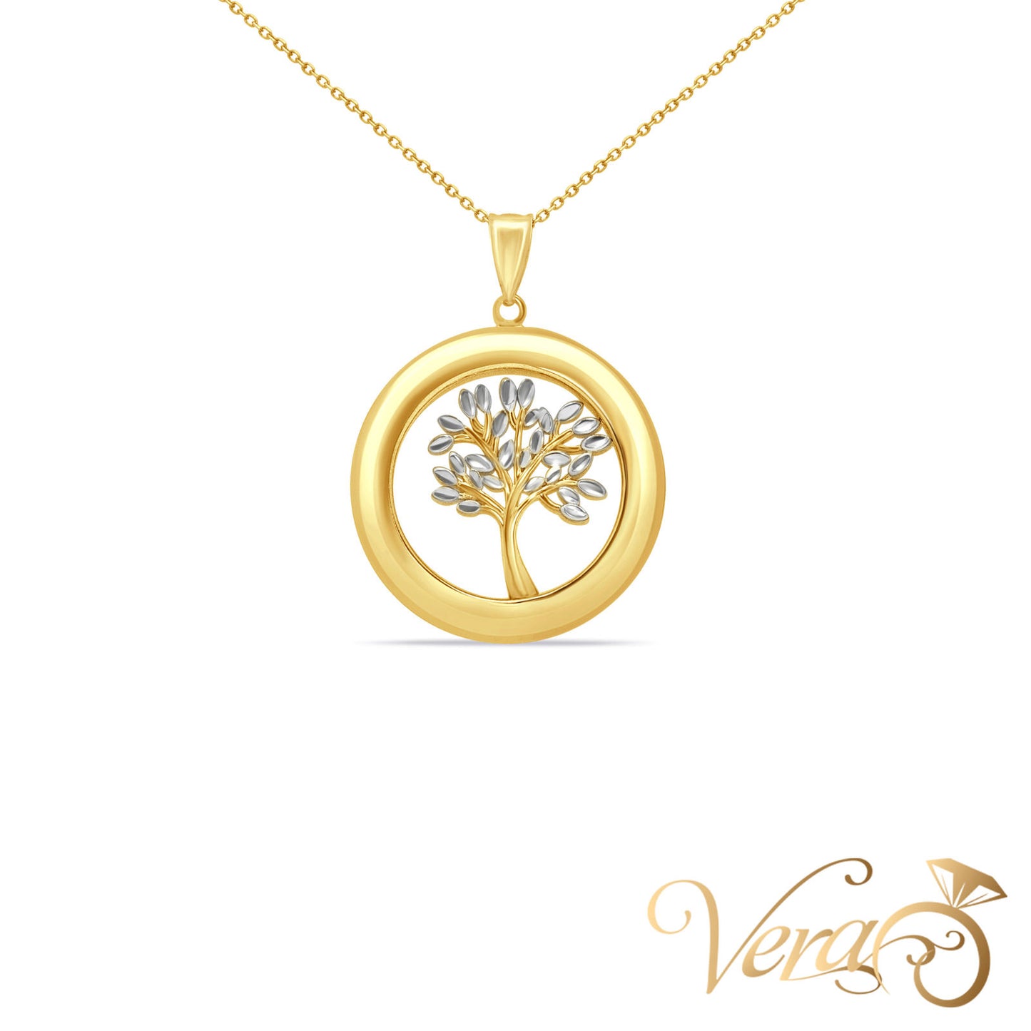 14K Yellow Gold Round Tree Pendant Necklace 18", 3.27g - Vera Jewelry in Miami