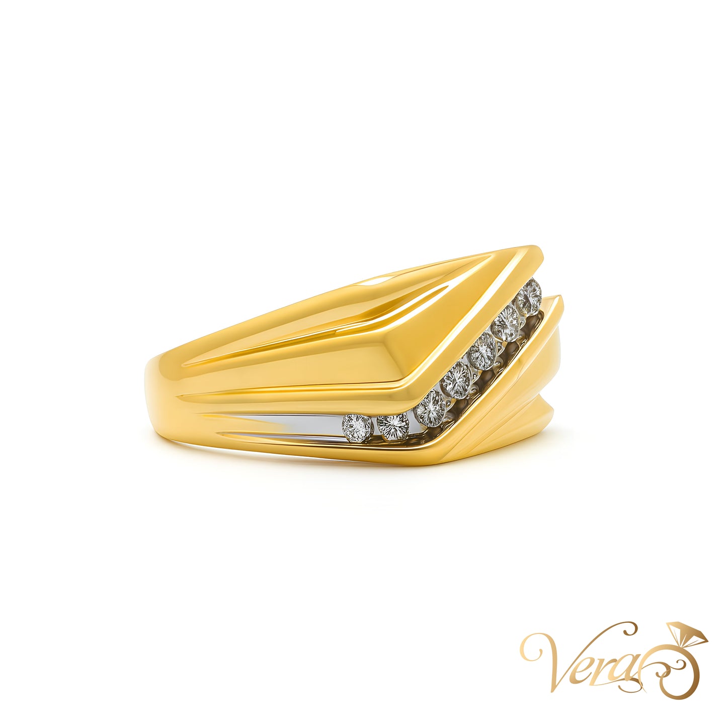 14K Yellow Gold Diagonal Channel Ring with 0.40 ct Natural Diamonds, Size 10.25, 8.5g