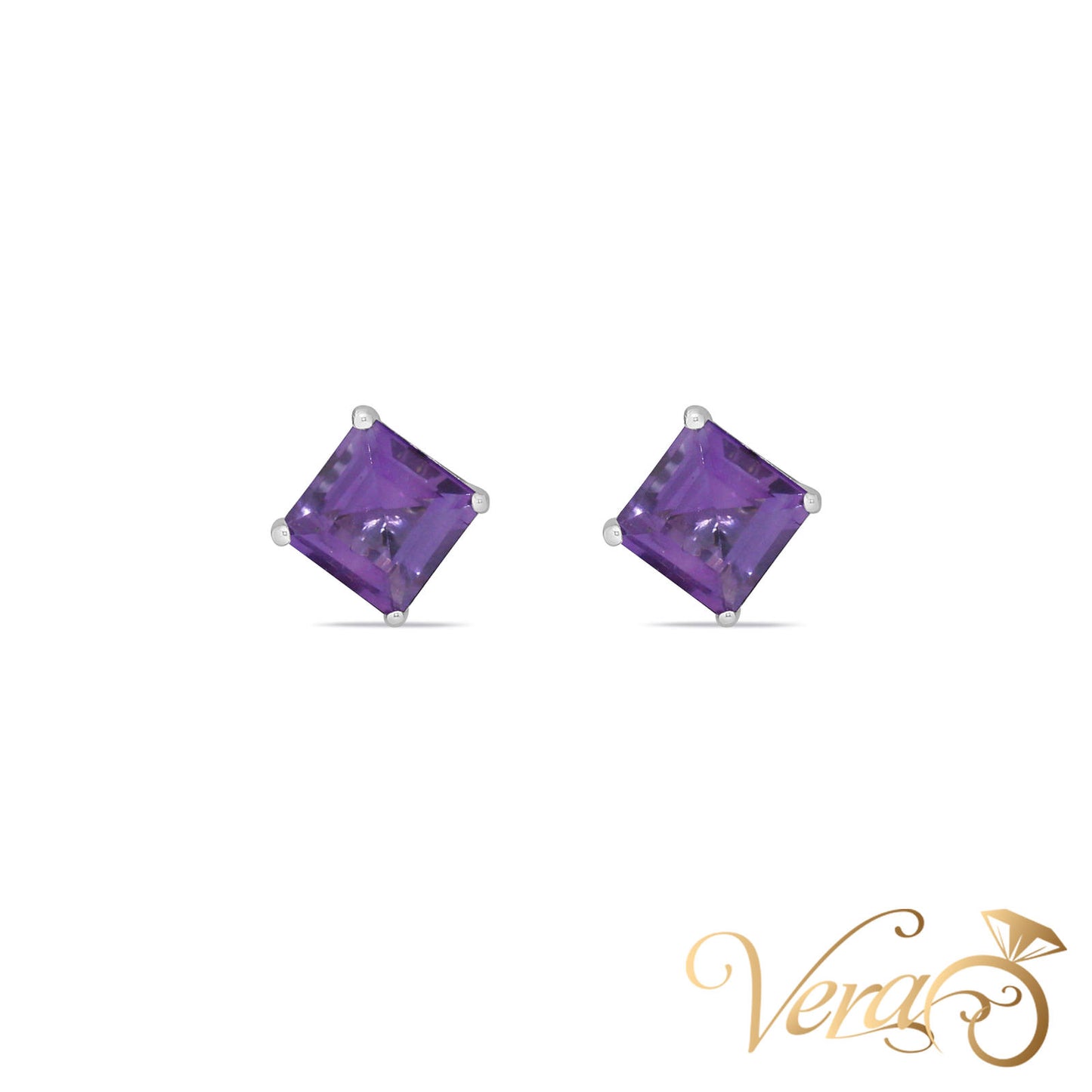 14K White Gold Amethyst Stud Earrings, 7mm, 1.24g - Vera Jewelry in Miami