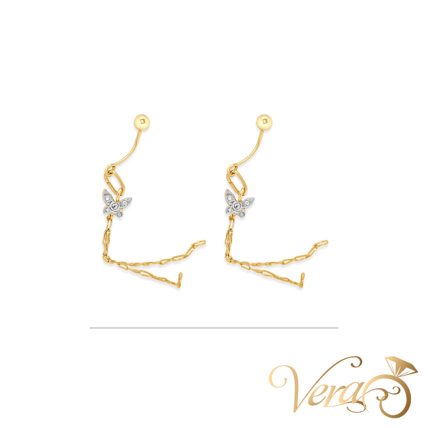 14K Yellow Gold Belly Button Piercing with Natural Diamond Butterfly and Chains, 0.05 ct - Vera Jewelry in Miami