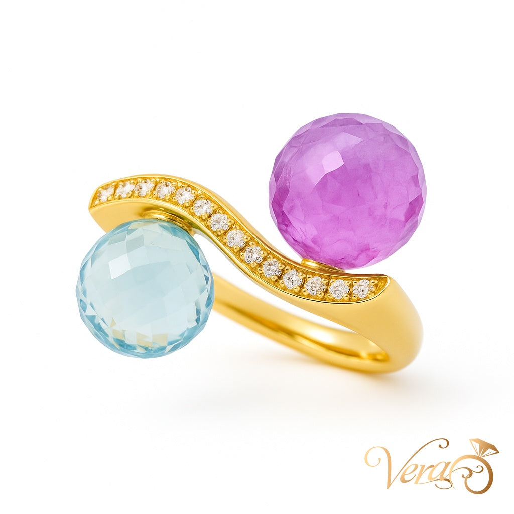18K YG Pienagonda-Style Amethyst & Blue Topaz Big Sphere Ring with Natural Diamonds