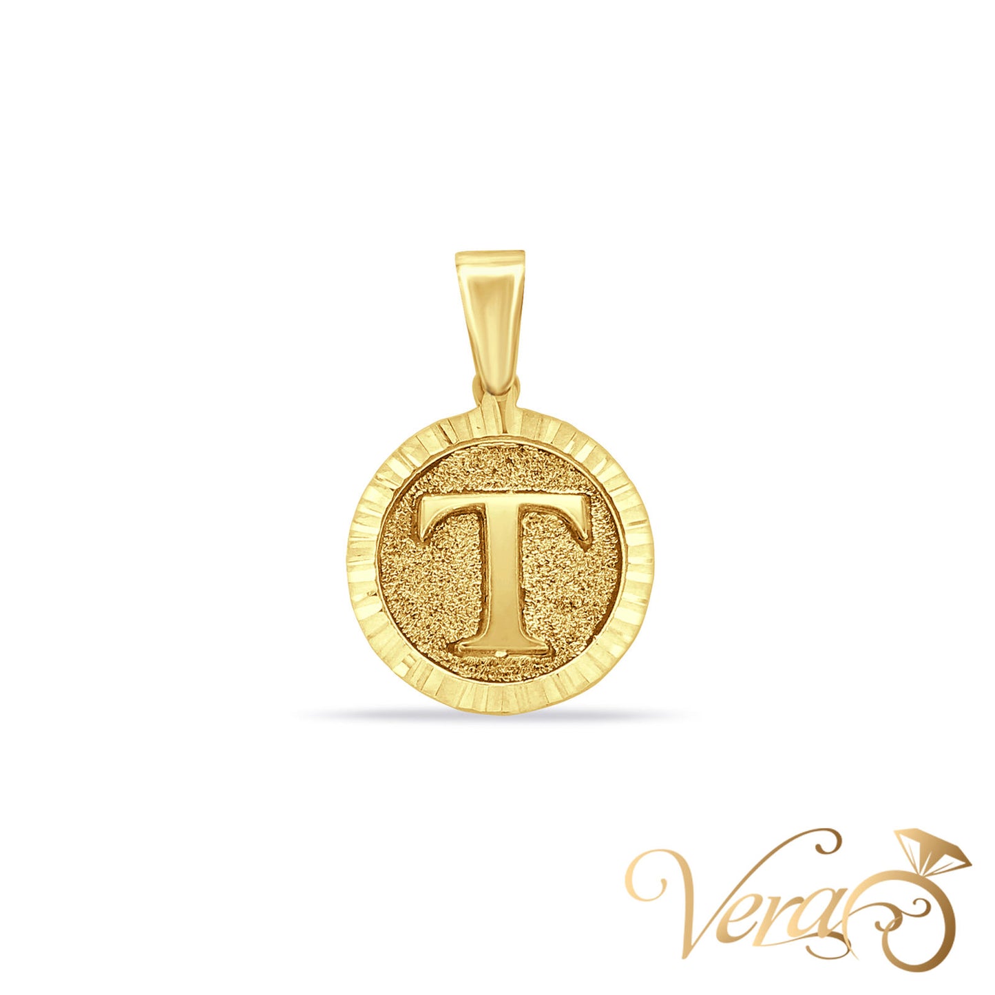 14K Yellow Gold Letter “T” Medal Pendant - Vera Jewelry in Miami