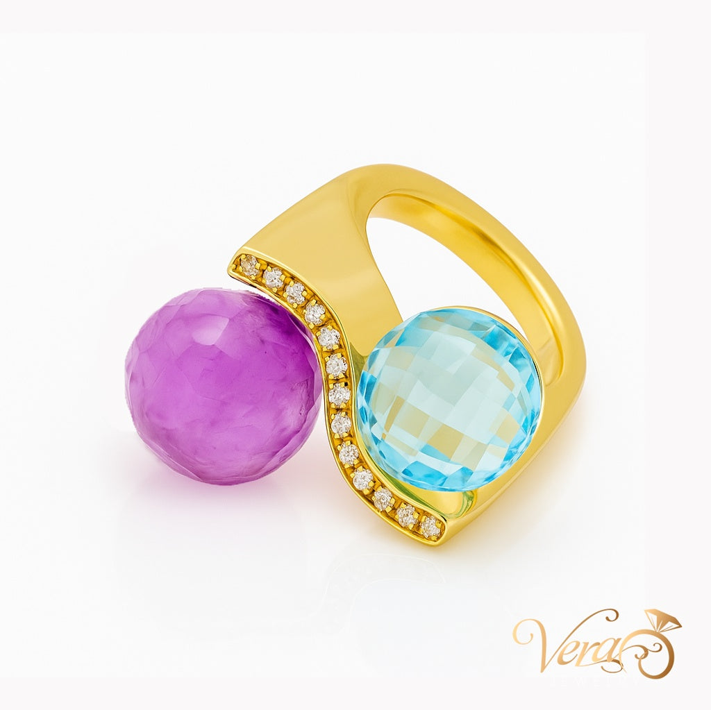 18K YG Pienagonda-Style Amethyst & Blue Topaz Big Sphere Ring with Natural Diamonds