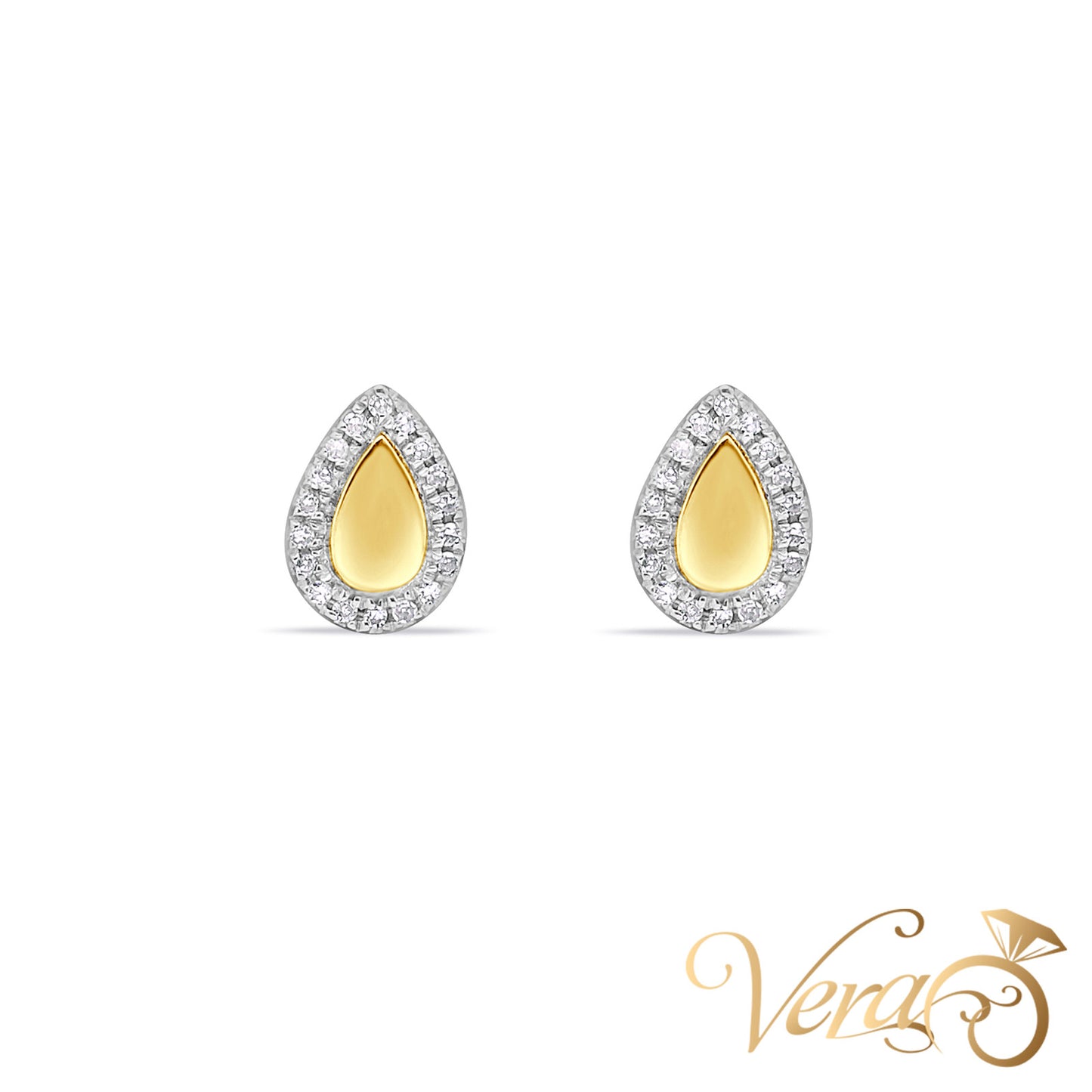 14K Yellow Gold Waterdrop Stud Earrings with 0.10ct Natural Diamonds, 8mm, 1.0g - Vera Jewelry in Miami