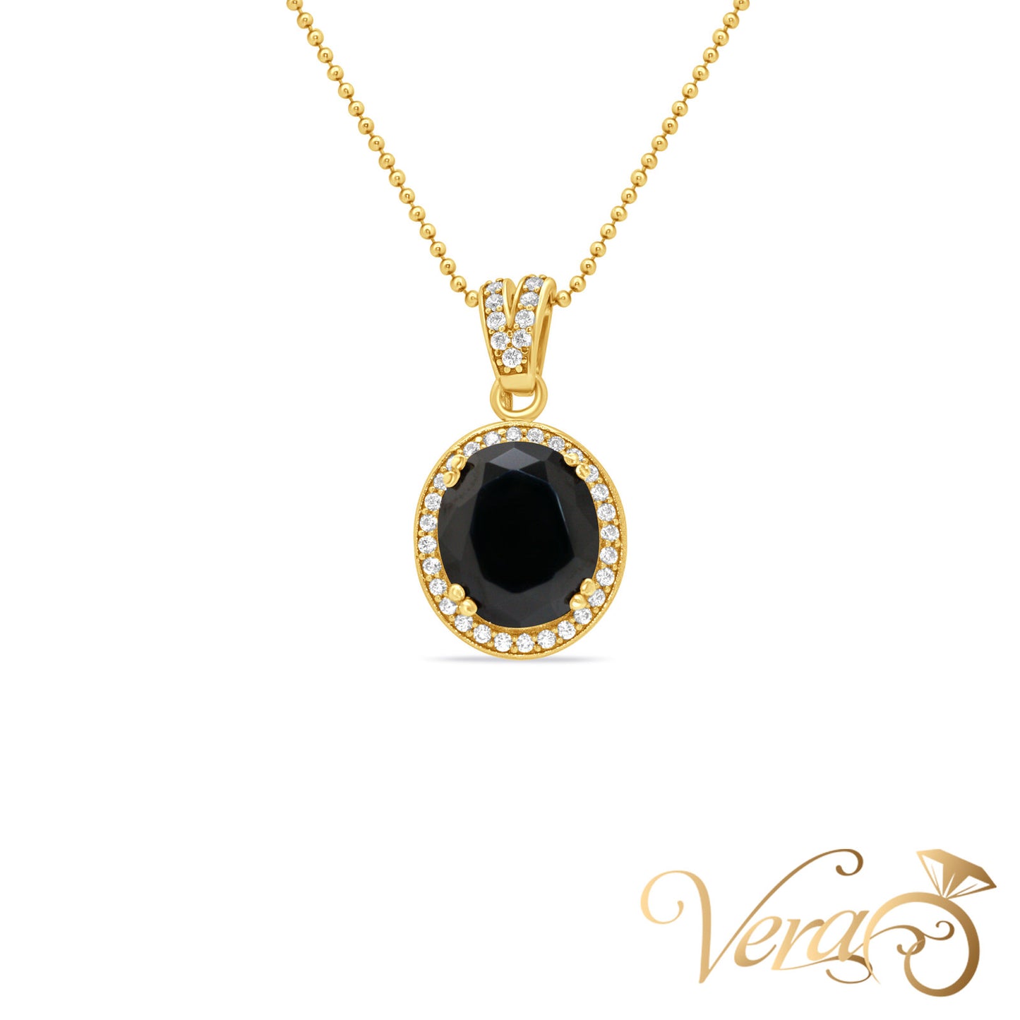 10K Yellow Gold Onyx Pendant with CZ Accents 29mm, 7.48g - Vera Jewelry in Miami