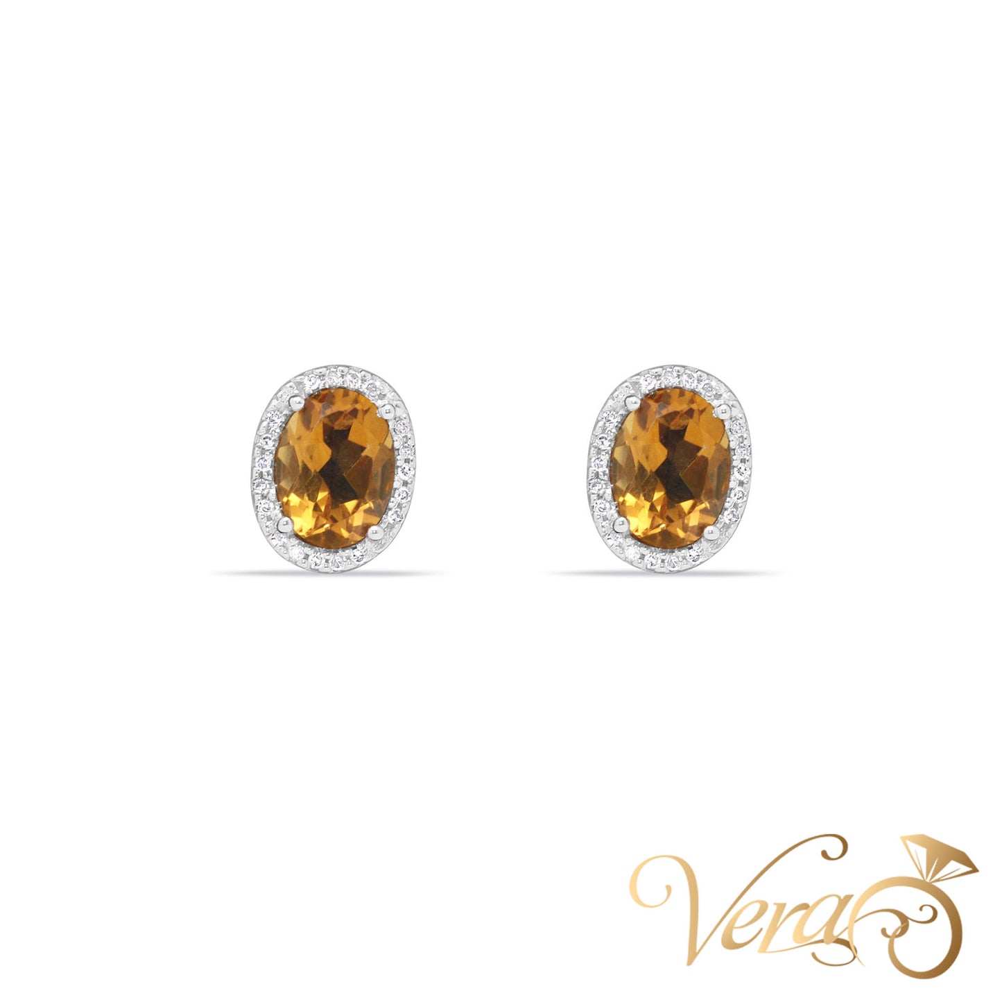 14K Yellow Gold Diamond and Citrine Stud Earrings, 0.1 ct, 10mm, 2.3g