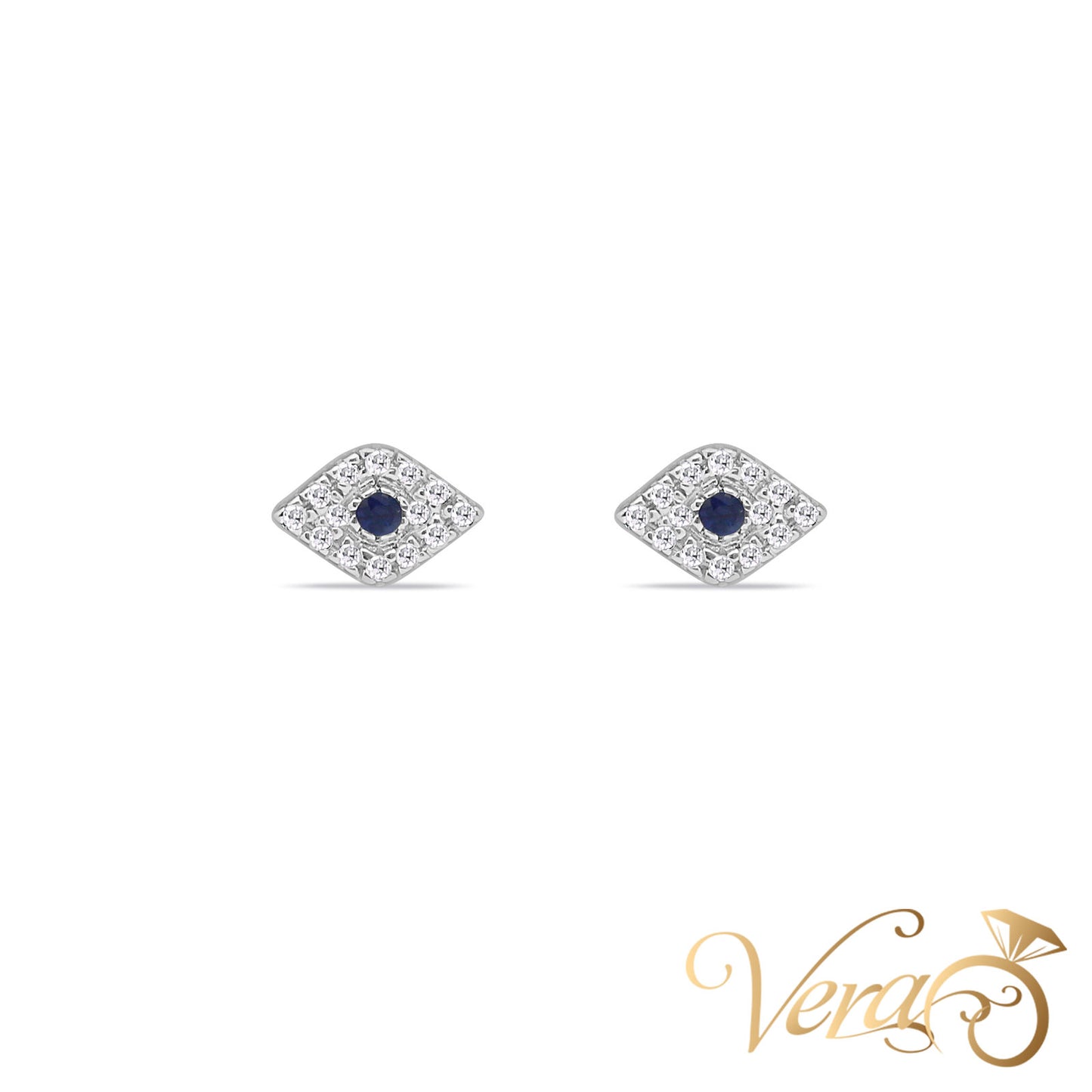 14K White Gold Evil Eye Stud Earrings with Topaz and 0.10ct Diamonds, 5mm, 1.0g - Vera Jewelry in Miami