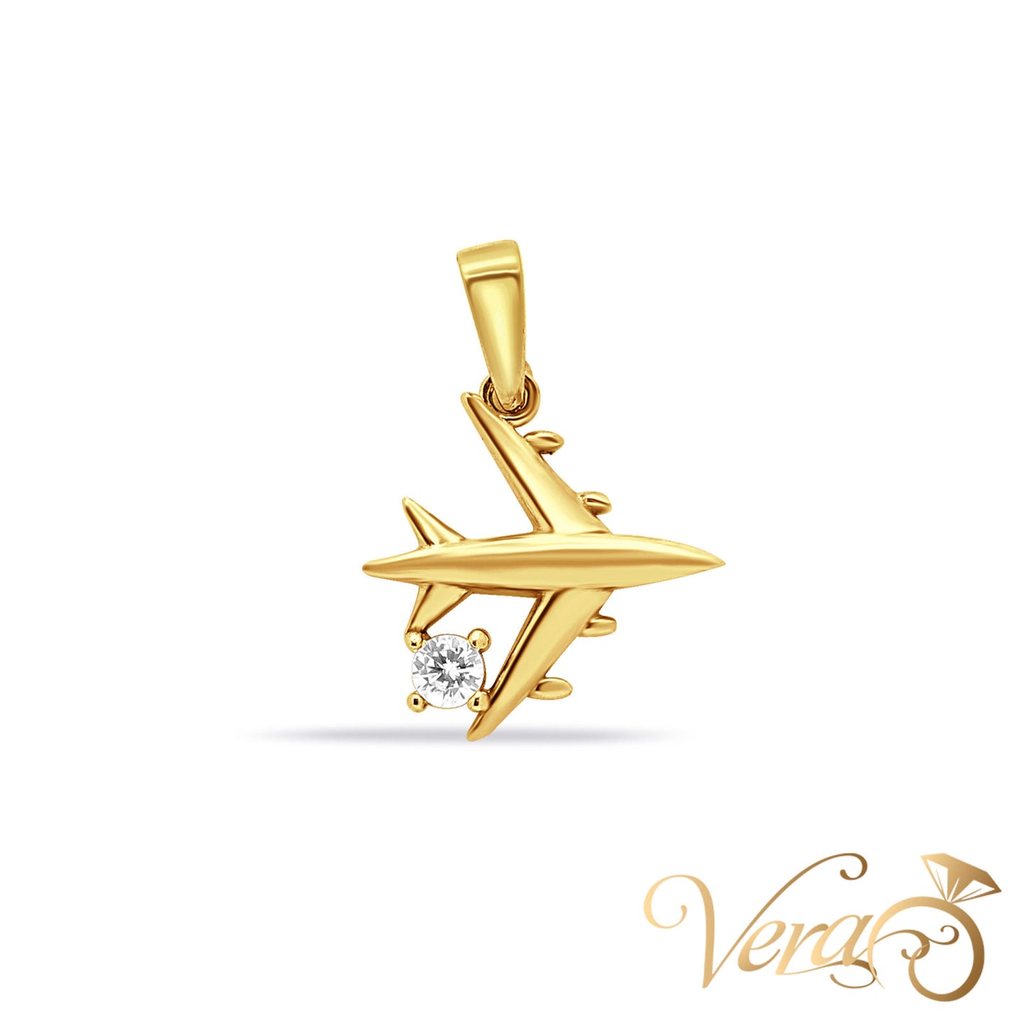 14K Yellow Gold Plane Pendant with CZ 17mm - Vera Jewelry in Miami