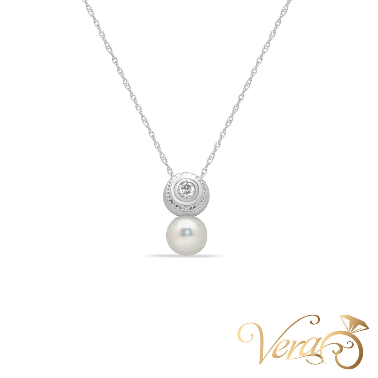 14K White Gold Pearl & Diamond Pendant with Chain 0.10ct 16" - Vera Jewelry in Miami