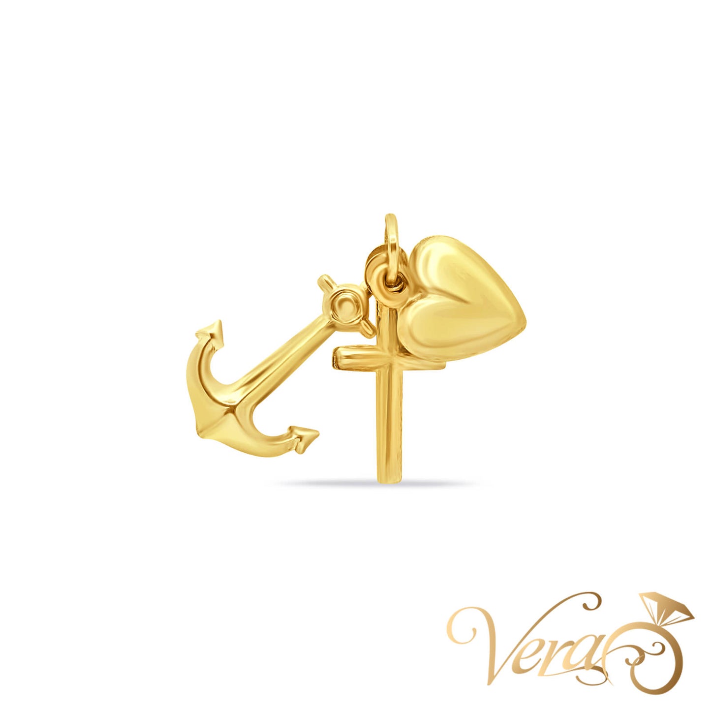 14K Yellow Gold Crucifix Heart Anchor Pendant 24mm - Vera Jewelry in Miami