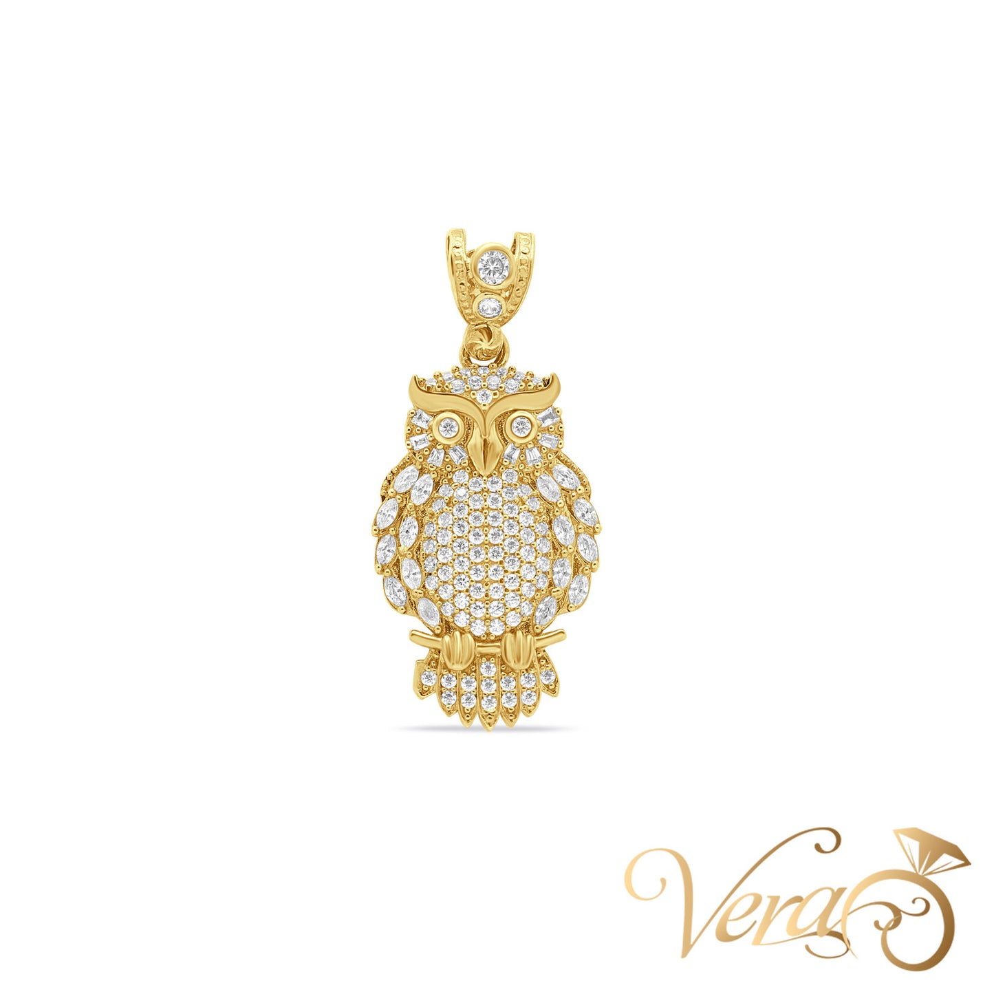 10K Yellow Gold Owl Pendant with CZ – 42mm