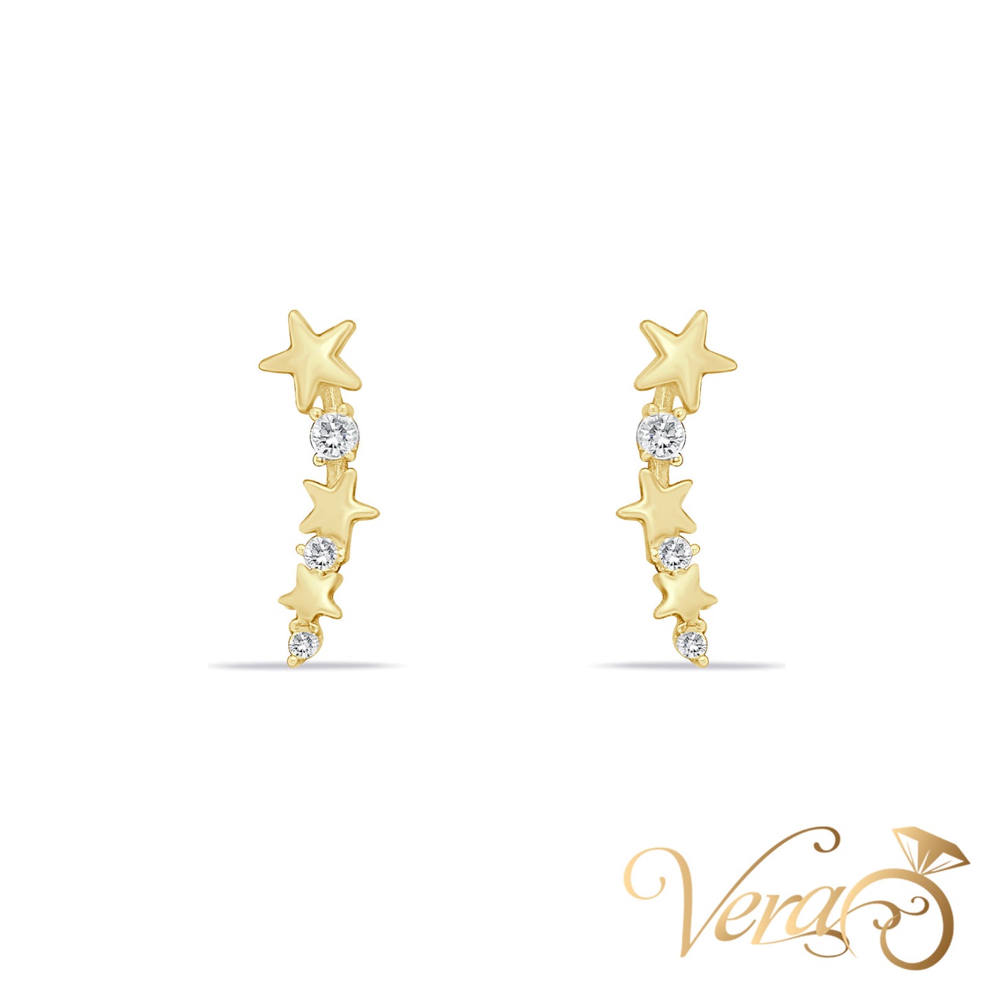 14K Yellow Gold Starfall Stud Earrings with CZ, 15mm