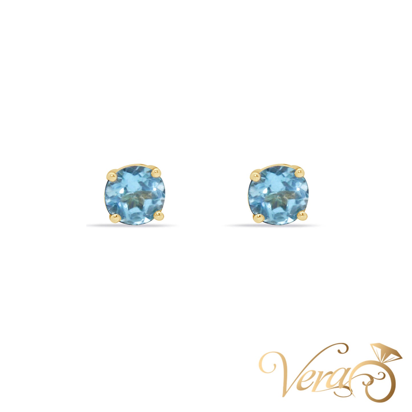 14K Yellow Gold Aquamarine Stud Earrings, 4.6mm, 0.63g - Vera Jewelry in Miami