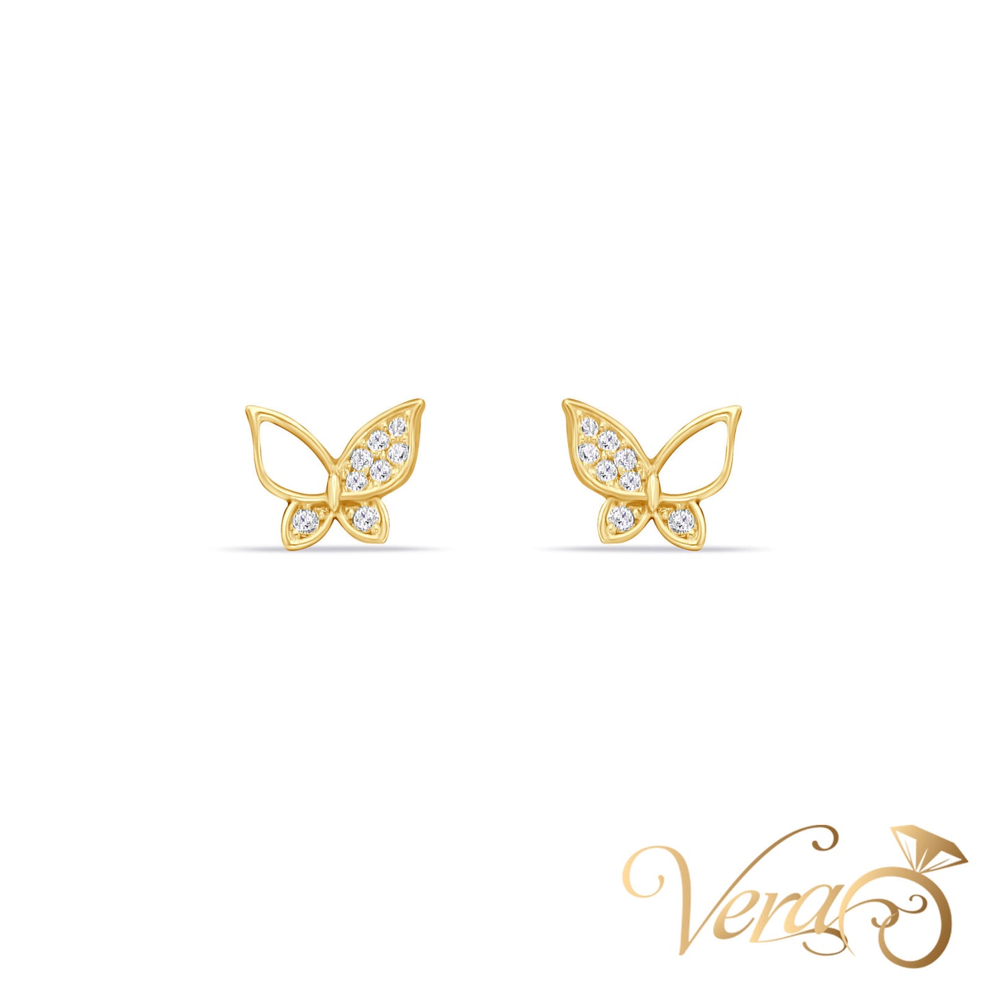 14K Yellow Gold Butterfly Stud Earrings with CZ Accents, 6.7mm - Vera Jewelry in Miami