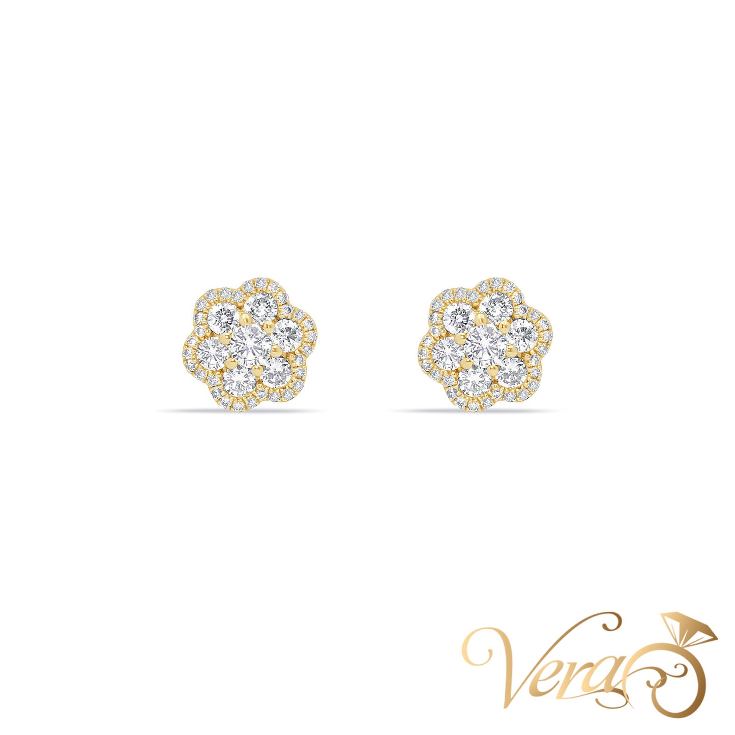 14K Yellow Gold Floral Stud Earrings with Natural Diamonds, 0.50 ct, 9mm - Vera Jewelry in Miami
