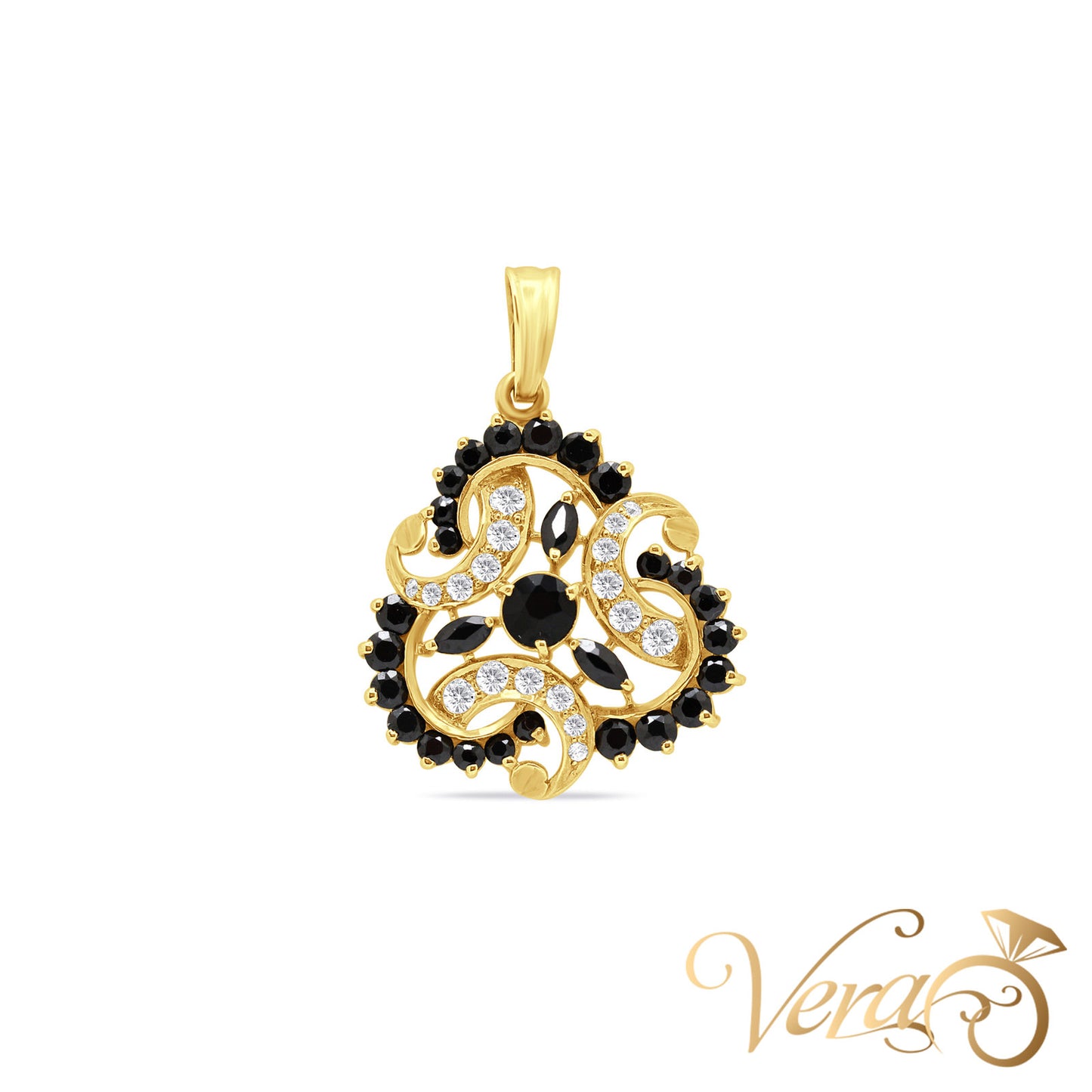 14K Yellow Gold Floral Pendant with Sapphires & CZ