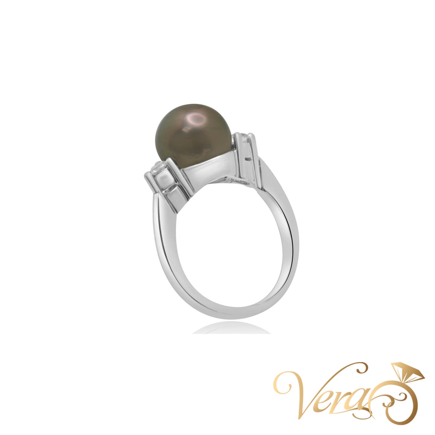 14K WG Women Ring 0.20 ct NAT & Pearl, Size 6.25, 5.7g
