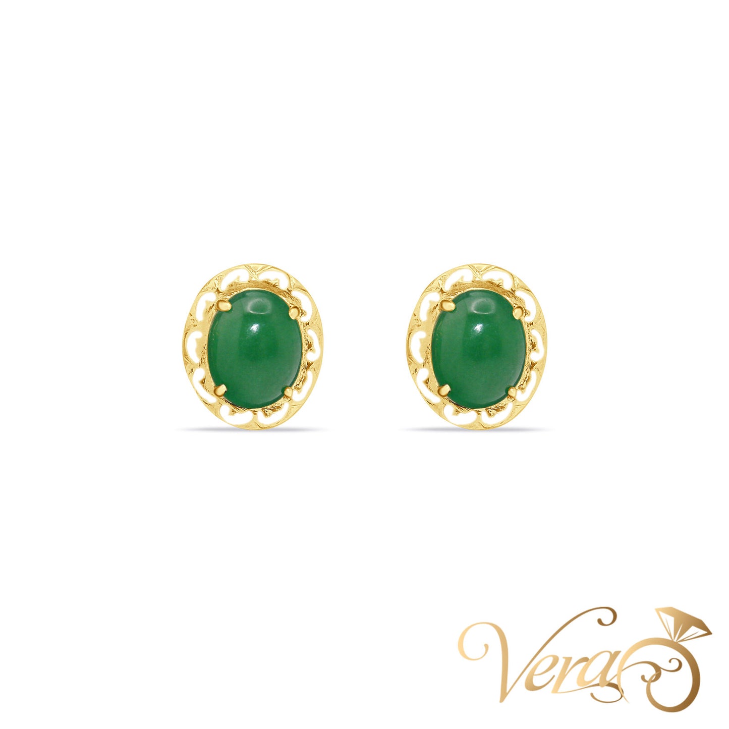 14K Yellow Gold Jade Stud Earrings, 14mm, 2.3g