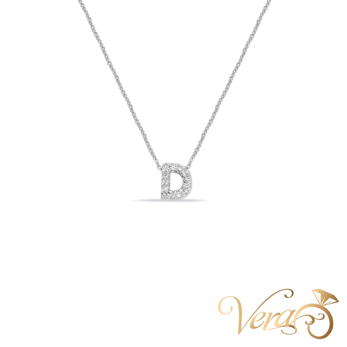 18K White Gold Letter Pendant Necklace with 0.06 ct Natural Diamond 16", 2.33g - Vera Jewelry in Miami