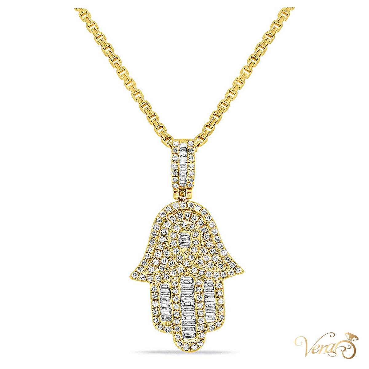 14K Yellow Gold Hamsa Hand Pendant with 1.00 ct Natural Diamond – 30mm, 2.96g - alternate view