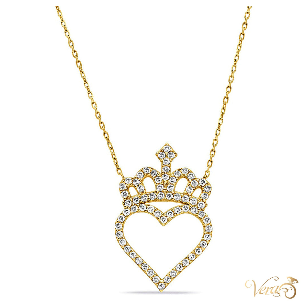 14K Yellow Gold Heart and Crown Pendant Necklace with CZ – 17", 3.11g - alternate view
